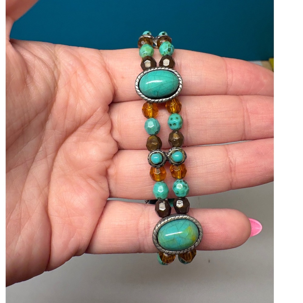 Southwestern Faux Turquoise Double Strand Stretch Bracelet Amber Beaded Boho